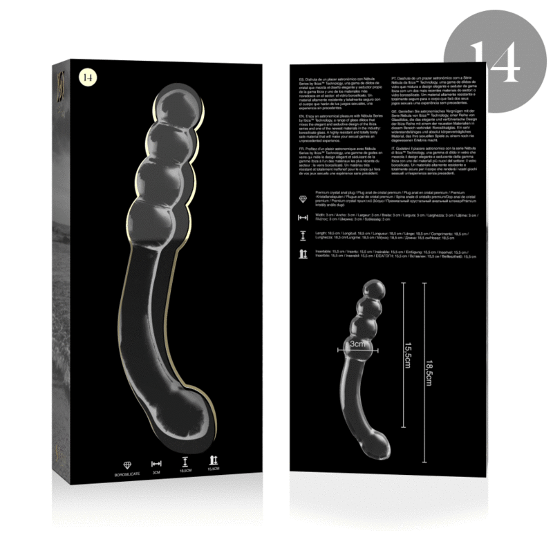 MODELO 14 DILDO CRISTAL BOROSILICATO TRANSPARENTE 18.5 CM -O- 3 CM DE LA MARCA NEBULA SERIES BY IBIZA