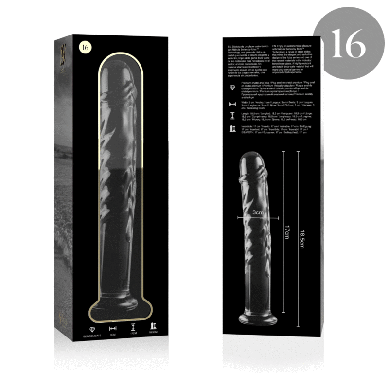MODELO 16 DILDO CRISTAL BOROSILICATO TRANSPARENTE 18.5 CM -O- 3 CM DE LA MARCA NEBULA SERIES BY IBIZA
