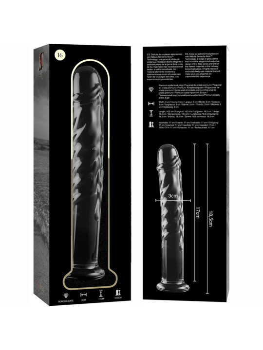 MODELO 16 DILDO CRISTAL BOROSILICATO TRANSPARENTE 18.5 CM -O- 3 CM DE LA MARCA NEBULA SERIES BY IBIZA
