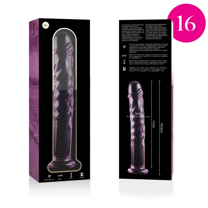 MODELO 16 DILDO CRISTAL BOROSILICATO TRANSPARENTE 18.5 CM -O- 3 CM DE LA MARCA NEBULA SERIES BY IBIZA