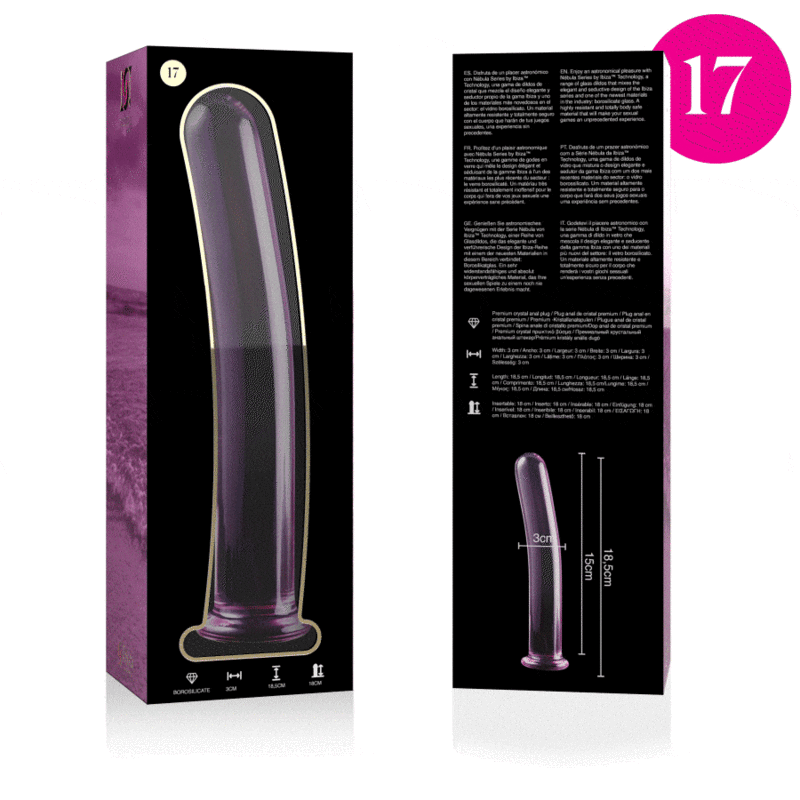 MODELO 17 DILDO CRISTAL BOROSILICATO TRANSPARENTE 18.5 CM -O- 3 CM DE LA MARCA NEBULA SERIES BY IBIZA