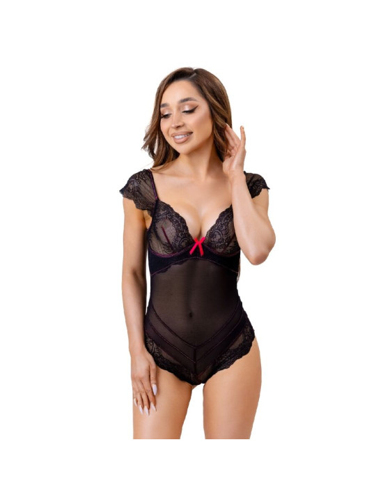 BODY ENCAJE NEGRO TRANSPARENTE LAZO ROSA CORSETTI DE LA MARCA LIVCO CORSETTI BODIES