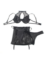 CONJUNTO LENCERÍA CUERO Y MALLA SUJETADOR FALDA NEGRO DE LA MARCA SUBBLIME SETS