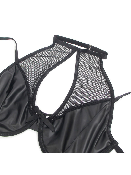 CONJUNTO LENCERÍA CUERO Y MALLA SUJETADOR FALDA NEGRO DE LA MARCA SUBBLIME SETS