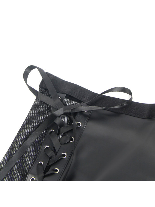 CONJUNTO LENCERÍA CUERO Y MALLA SUJETADOR FALDA NEGRO DE LA MARCA SUBBLIME SETS