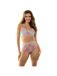 CONJUNTO LENCERÍA AZUL FLORAL SUJETADOR LIGUERO MALLA DE LA MARCA SUBBLIME SETS