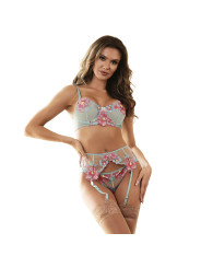 CONJUNTO LENCERÍA AZUL FLORAL SUJETADOR LIGUERO MALLA DE LA MARCA SUBBLIME SETS