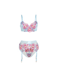 CONJUNTO LENCERÍA AZUL FLORAL SUJETADOR LIGUERO MALLA DE LA MARCA SUBBLIME SETS