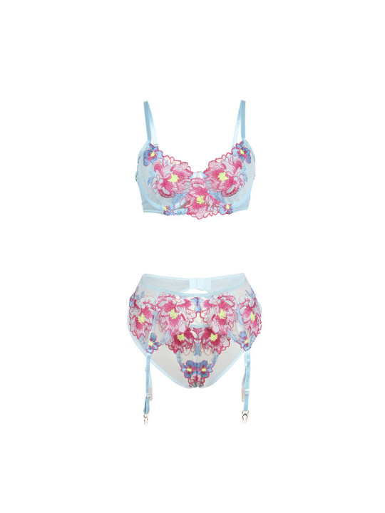CONJUNTO LENCERÍA AZUL FLORAL SUJETADOR LIGUERO MALLA DE LA MARCA SUBBLIME SETS