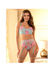 CONJUNTO LENCERÍA AZUL FLORAL SUJETADOR LIGUERO MALLA DE LA MARCA SUBBLIME SETS
