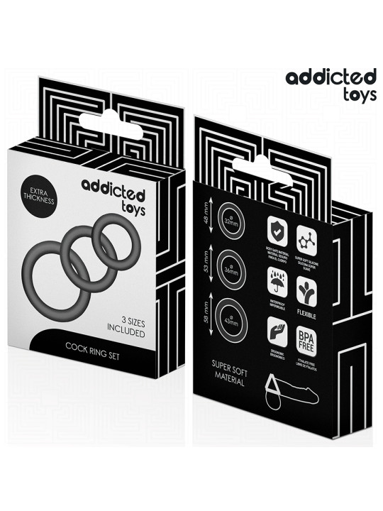 SET 3 ANILLOS SILICONA CONTROL EYACULACIÓN PLACER DURADERO DE LA MARCA ADDICTED TOYS