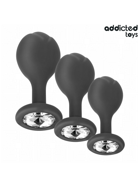 SET 3 PLUGS ANALES SILICONA CON JOYA DECORATIVA DE LA MARCA ADDICTED TOYS