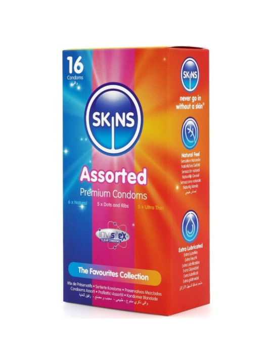 PACK SURTIDO PRESERVATIVOS SKINS TEXTURAS 16 UNIDADES DE LA MARCA SKINS