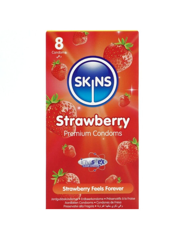PRESERVATIVOS SKINS SABOR FRESA PACK 8 UNIDADES DE LA MARCA SKINS