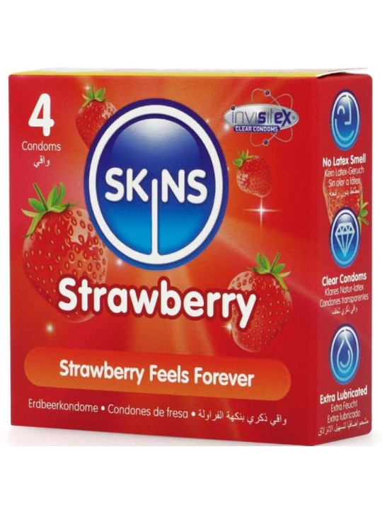 PRESERVATIVOS SKINS SABOR FRESA PACK 4 UNIDADES DE LA MARCA SKINS