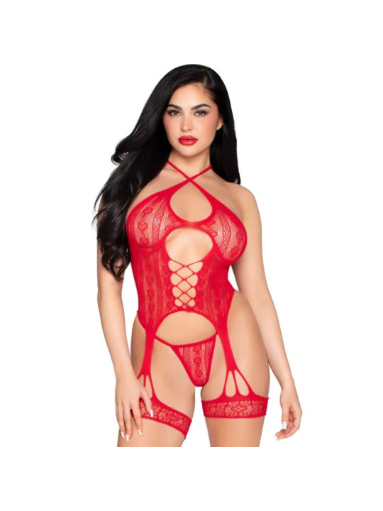 LEG AVENUE 89338 SET BODY ABIERTO CON LIGUERO TANGA DE ENCAJE ROJO TALLA UNICA