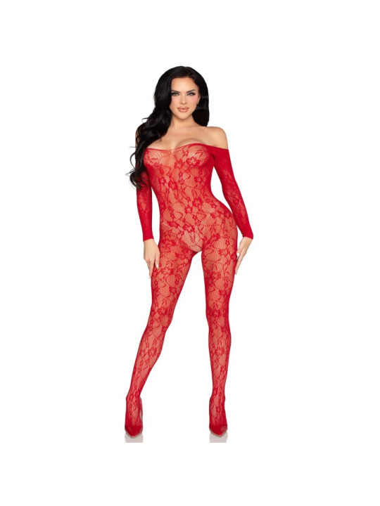 LEG AVENUE 89366 BODYSTOCKING DE LENCERIA DE ENCAJE ROJO TALLA UNICA