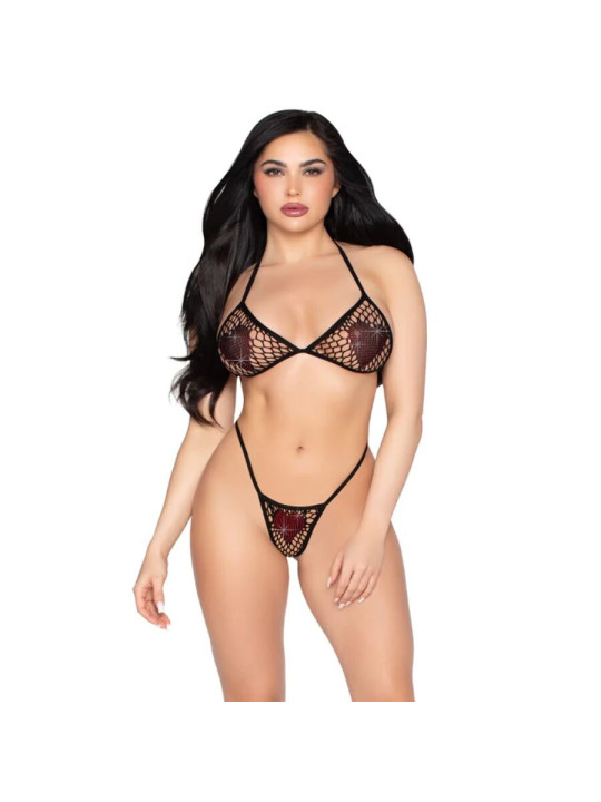 LEG AVENUE 86147 TOP DE BRA DE RED Y PANTY G STRING NEGRO TALLA UNICA