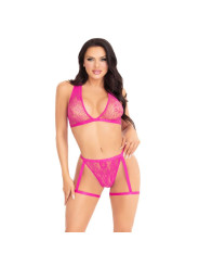LEG AVENUE 86148 TOP DE BRA DE ENCAJE Y PANTY CON LIGUEROS ROSA TALLA UNICA