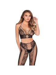 LEG AVENUE 89368 CROP TOP DE RED Y ENCAJE CON MEDIAS NEGRO TALLA UNICA