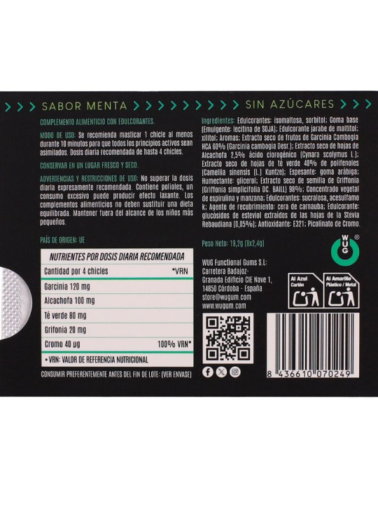 WUG diet El chicle funcional sin azucar con sabor menta BLISTER 8 UDS