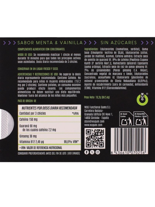 WUG on El chicle funcional con cafeina y guarana sabor menta vainilla BLISTER 8 UDS