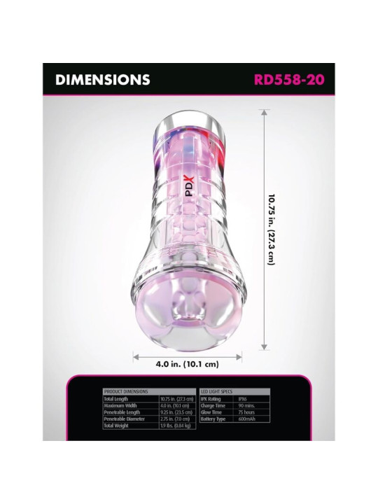 PDX ELITE MASTURBADOR TRANSPARENTE VIEWTUBE XXL LED STROKER 273 CM