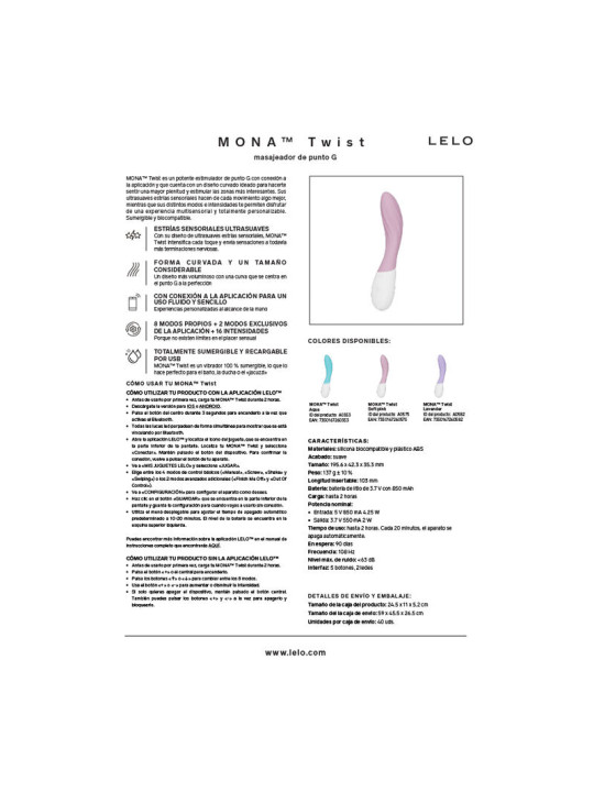 LELO MONA TWIST VIBRADOR PARA PUNTO G RECARGABLE APP CONTROL LAVANDA TURQUESA